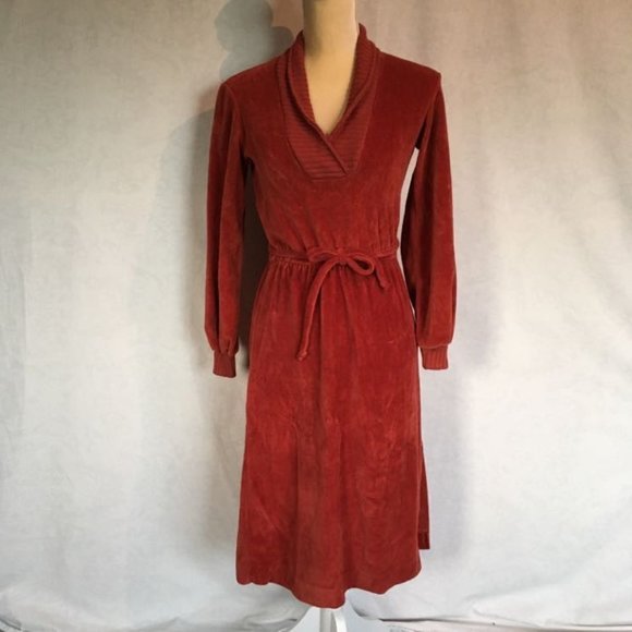 Vintage Dresses & Skirts - Vintage 70s Rust Orange Velour Dress